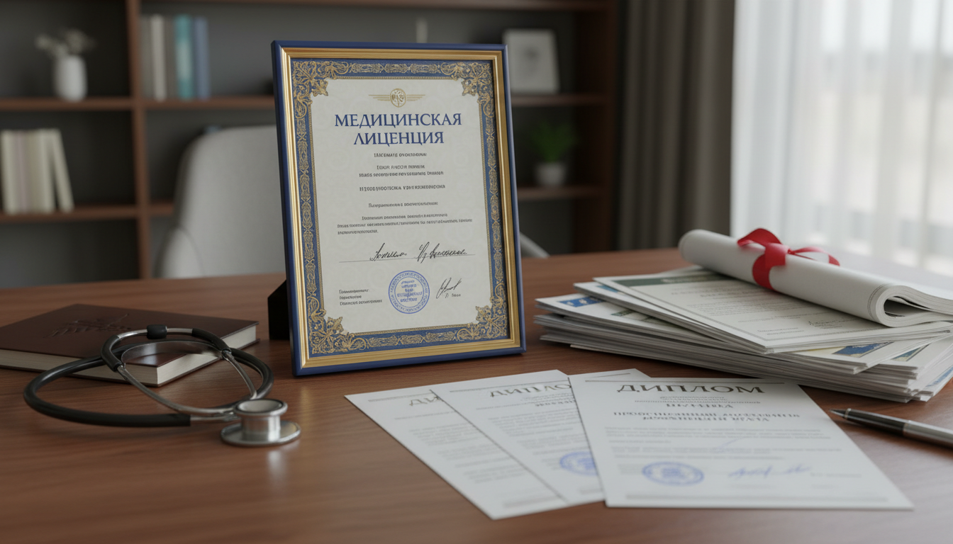 Медицинская лицензия, стетоскоп, профессиональные документы врача на столе
