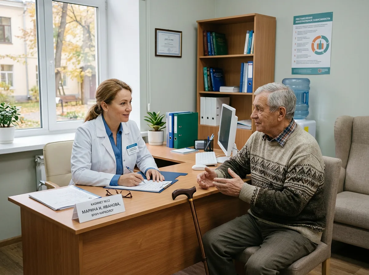 врач-нарколог за консультацией с пожилым пациентом, медицинский кабинет, спокойная обстановка